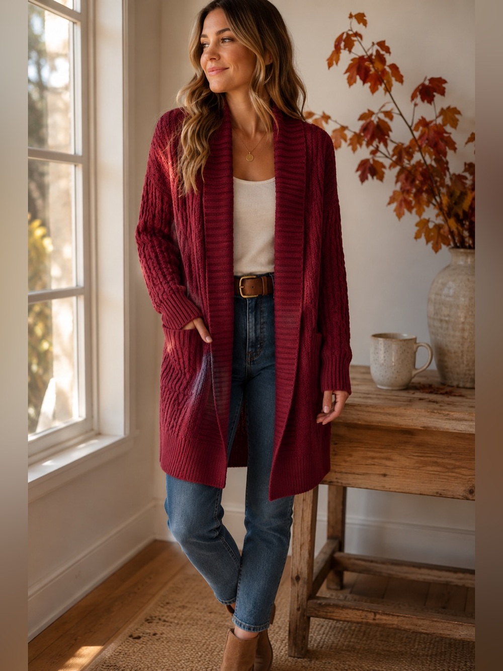Leo & Nicole Cozy Open-Front Burgundy Cable Knit Cardigan Sweater Oversized S M
